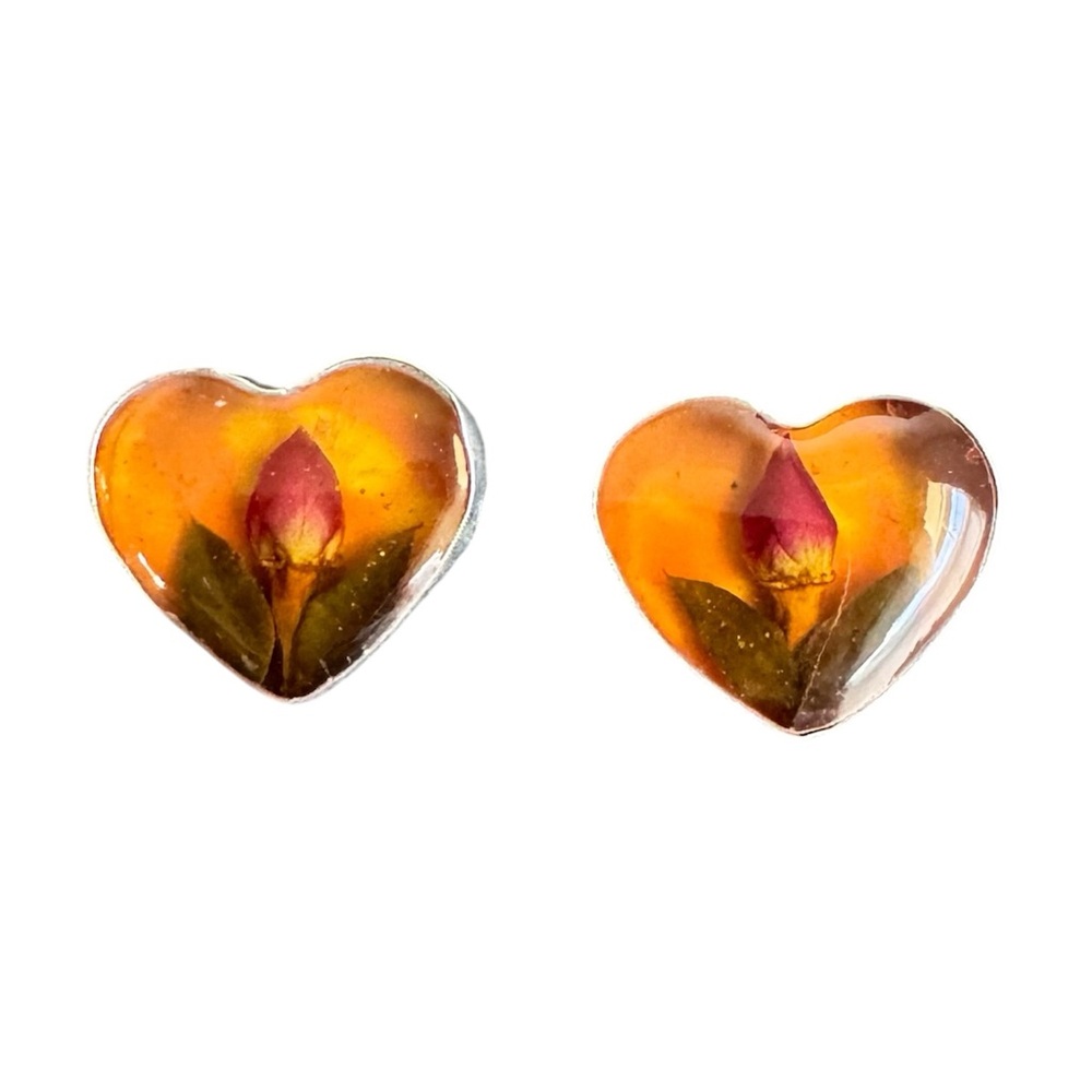 Vintage Heart Flower Earrings‎ Real Flowers Sterling Silver Resin Studs Y2K